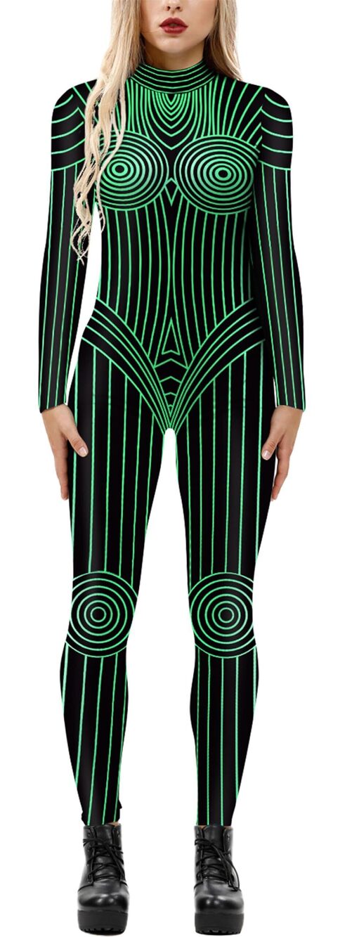 3409 Skeleton Costume Halloween Party Costume Skull Print Jumpsuit Outfit